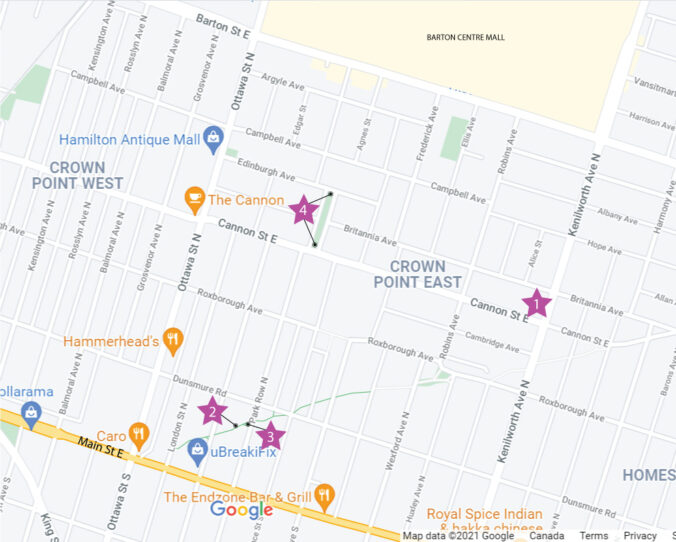 A Google map showing the four garden locations.