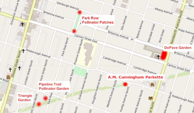 map showing locations of the six gardens maintained by the Crown Point Garden Club